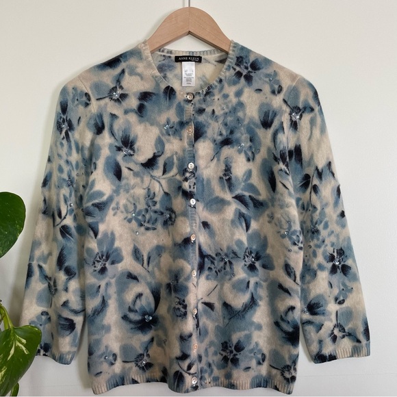 Anne Klein 100% Pure Cashmere 2pc Sweater Set Blue Floral 3/4 Sleeves Size L - Picture 5 of 17